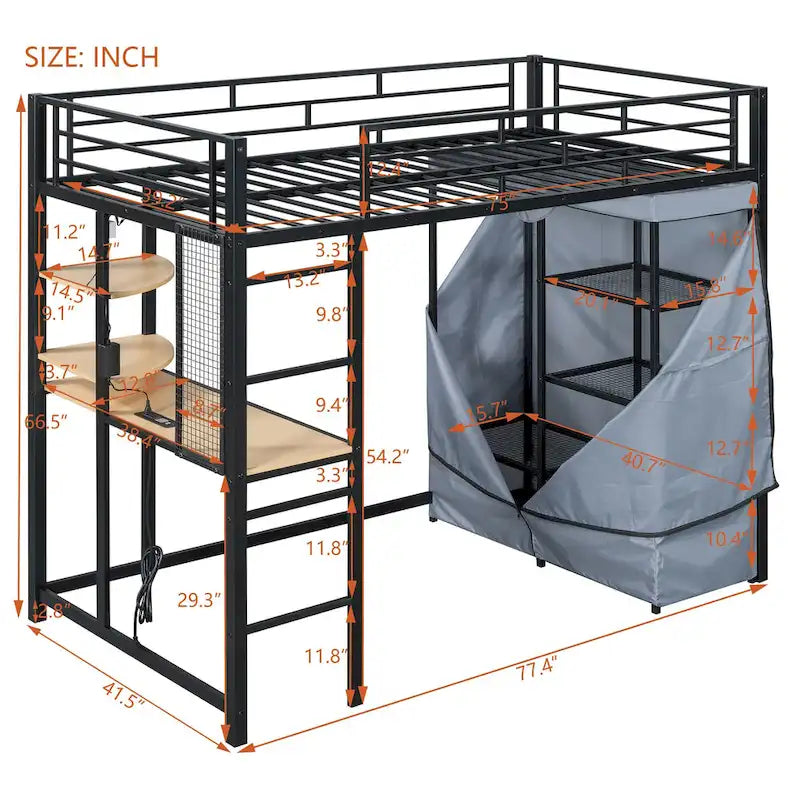 Lit mezzanine simple en métal avec bureau, étagères, prise de courant, lumière LED et armoire
