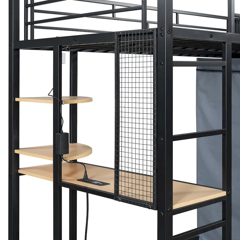 Lit mezzanine simple en métal avec bureau, étagères, prise de courant, lumière LED et armoire