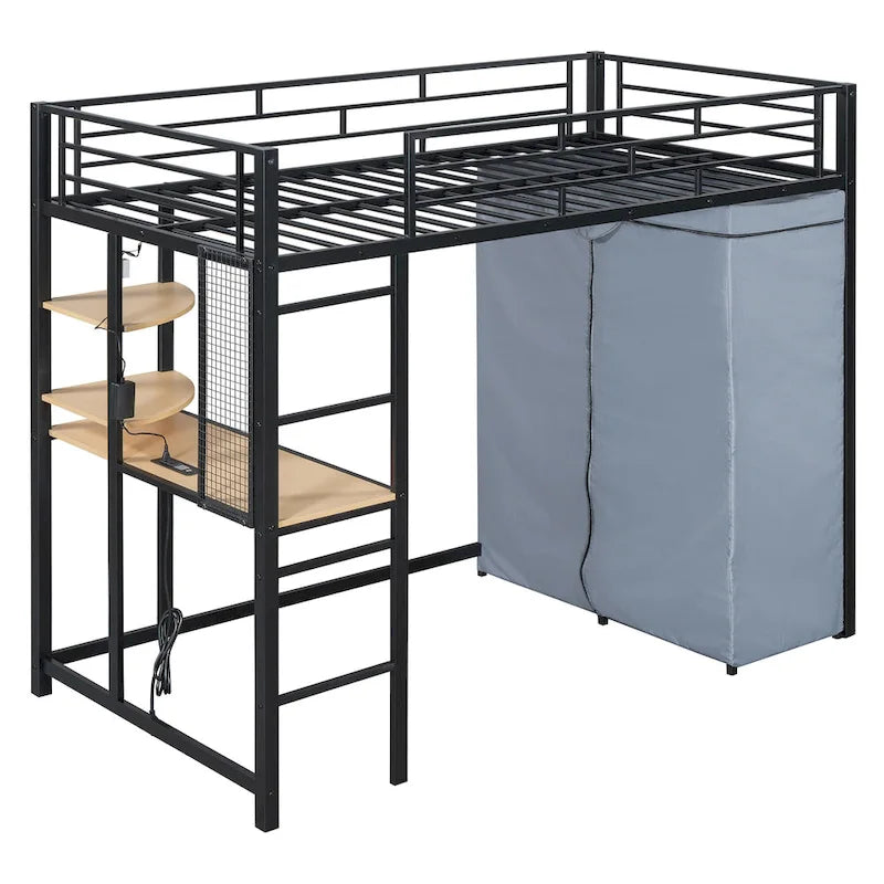 Lit mezzanine simple en métal avec bureau, étagères, prise de courant, lumière LED et armoire