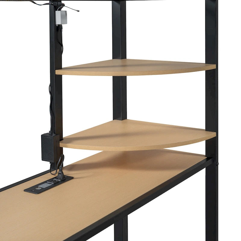 Lit mezzanine simple en métal avec bureau, étagères, prise de courant, lumière LED et armoire