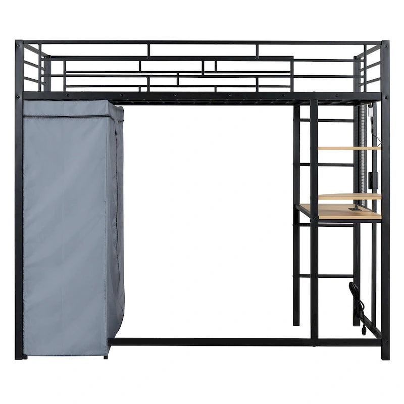 Lit mezzanine simple en métal avec bureau, étagères, prise de courant, lumière LED et armoire