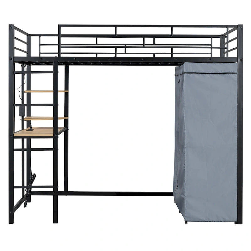 Lit mezzanine simple en métal avec bureau, étagères, prise de courant, lumière LED et armoire