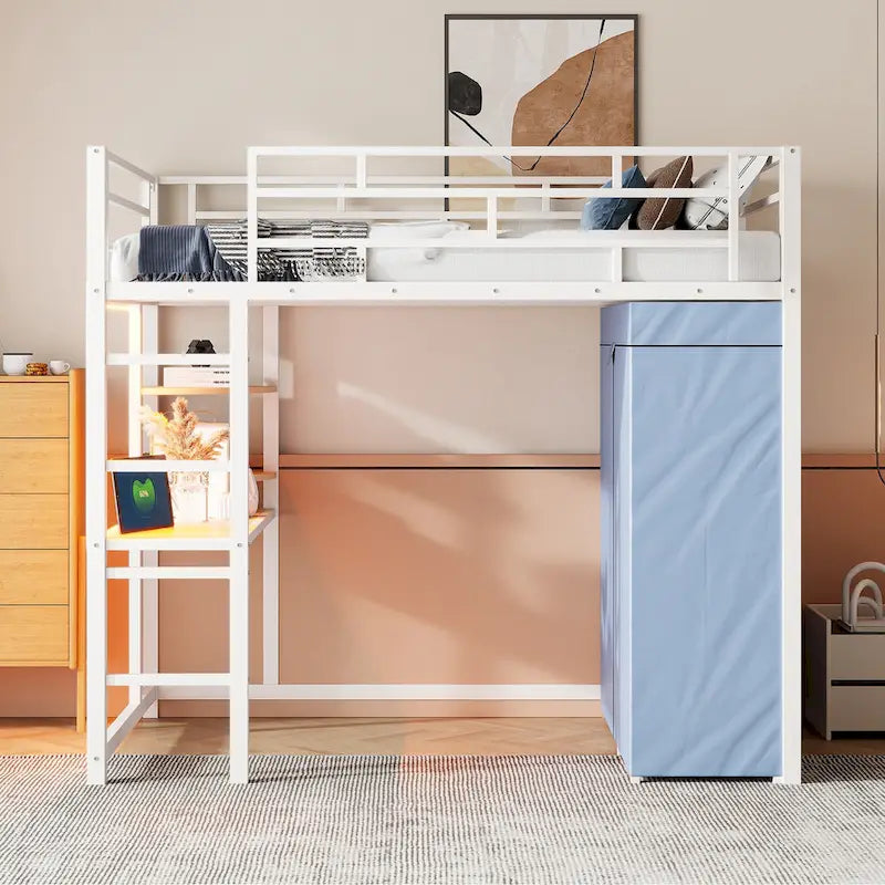 Lit mezzanine simple en métal avec bureau, étagères, prise de courant, lumière LED et armoire