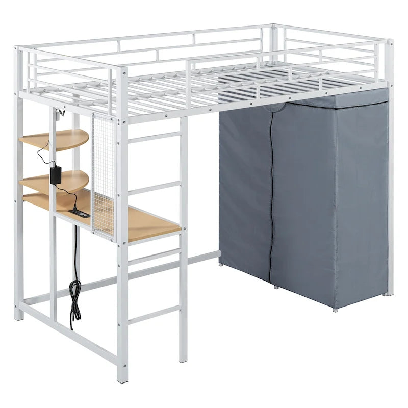 Lit mezzanine simple en métal avec bureau, étagères, prise de courant, lumière LED et armoire