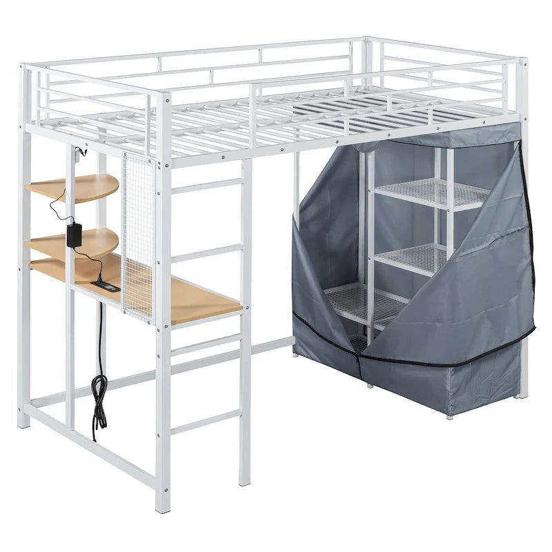 Lit mezzanine simple en métal avec bureau, étagères, prise de courant, lumière LED et armoire