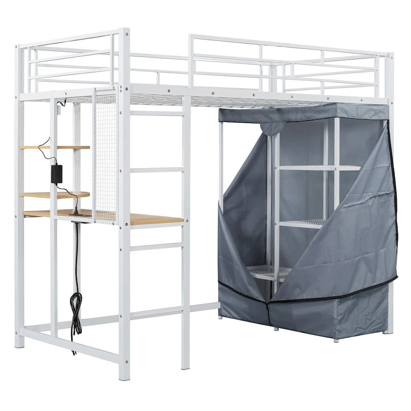 Lit mezzanine simple en métal avec bureau, étagères, prise de courant, lumière LED et armoire
