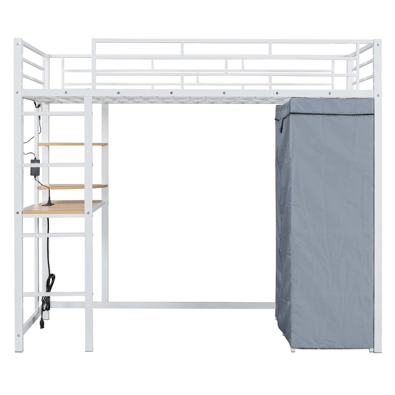 Lit mezzanine simple en métal avec bureau, étagères, prise de courant, lumière LED et armoire