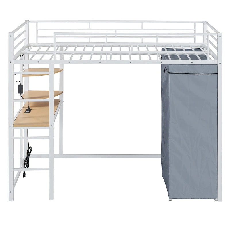 Lit mezzanine simple en métal avec bureau, étagères, prise de courant, lumière LED et armoire