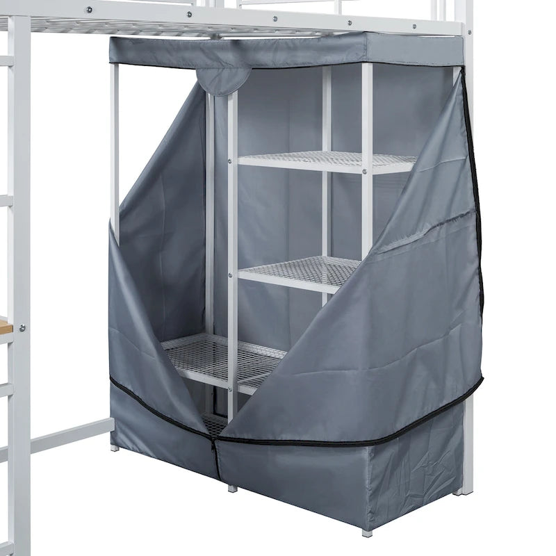 Lit mezzanine simple en métal avec bureau, étagères, prise de courant, lumière LED et armoire