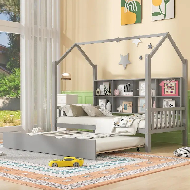 Lit de maison double en bois avec lit gigogne, lit pour enfant avec étagère