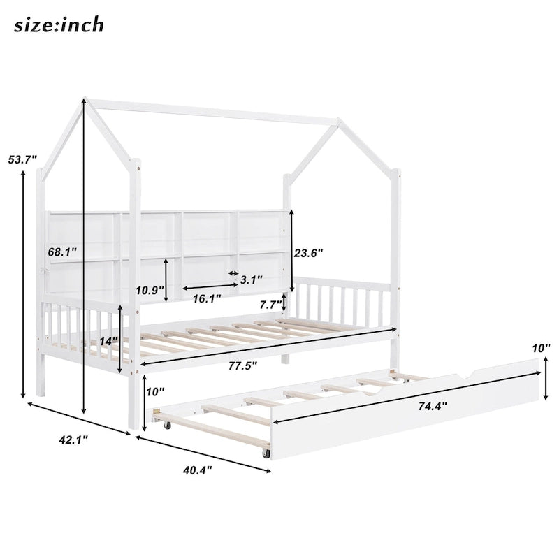 Lit de maison double en bois avec lit gigogne, lit pour enfant avec étagère