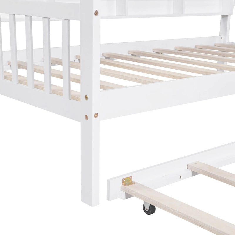 Lit de maison double en bois avec lit gigogne, lit pour enfant avec étagère