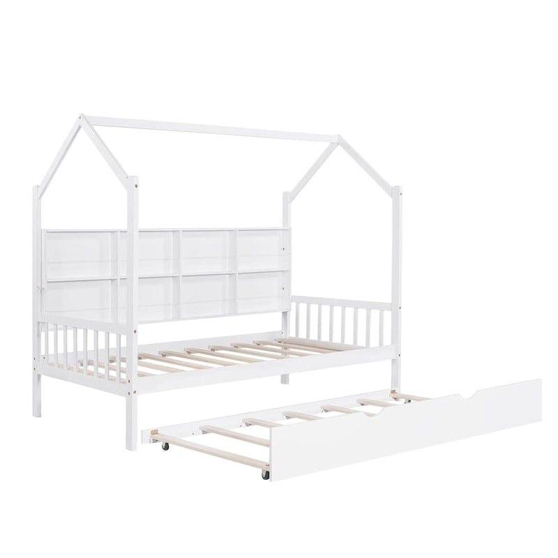 Lit de maison double en bois avec lit gigogne, lit pour enfant avec étagère