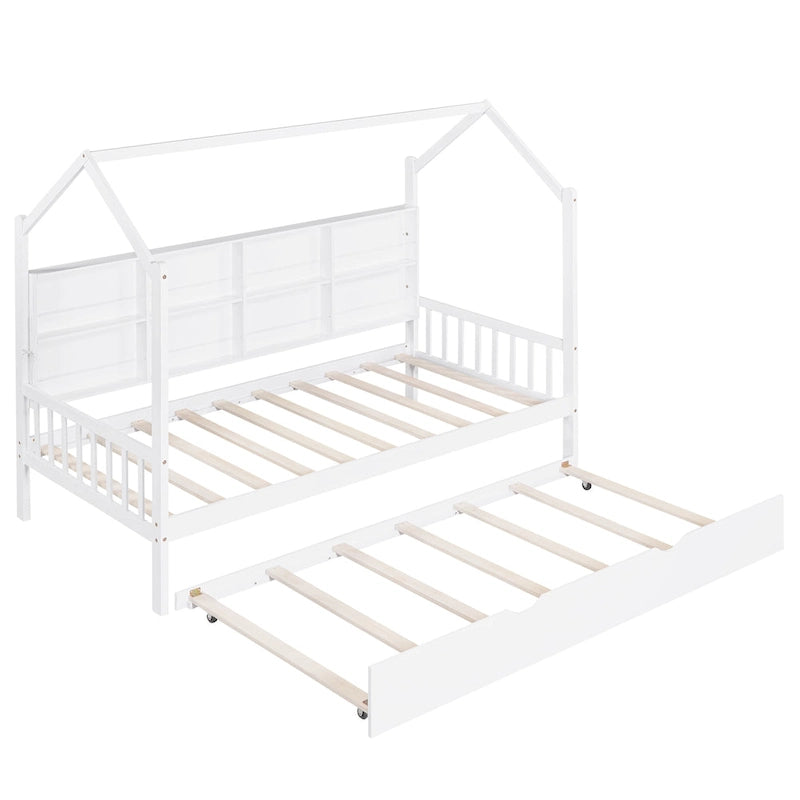 Lit de maison double en bois avec lit gigogne, lit pour enfant avec étagère