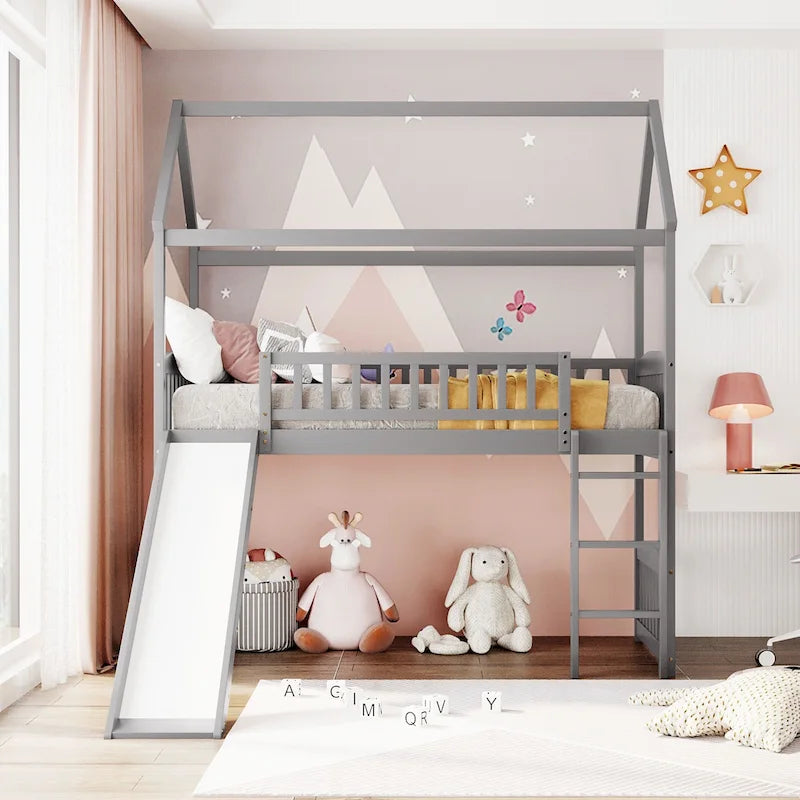 Lit mezzanine jumeau avec toboggan, lit cabane avec toboggan
