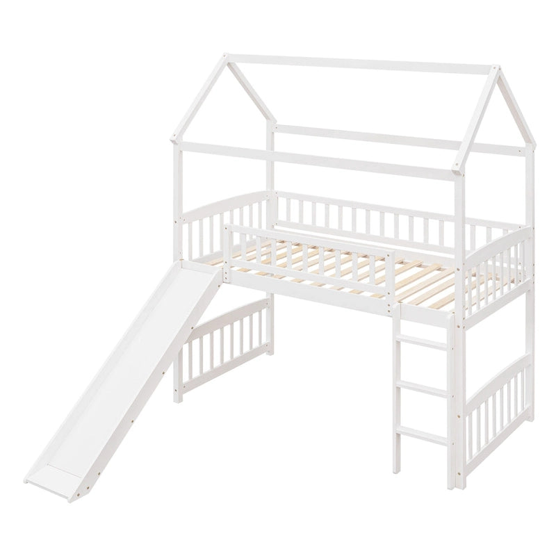 Lit mezzanine jumeau avec toboggan, lit cabane avec toboggan