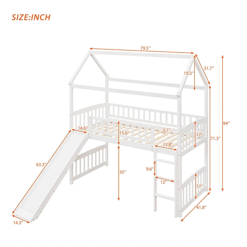 Lit mezzanine jumeau avec toboggan, lit cabane avec toboggan