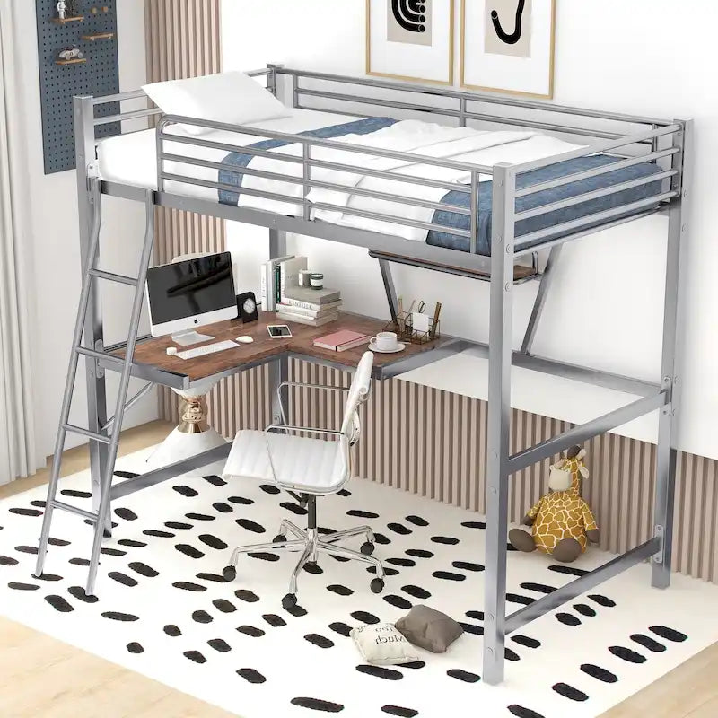 Lit mezzanine métallique simple avec bureau en L et étagère