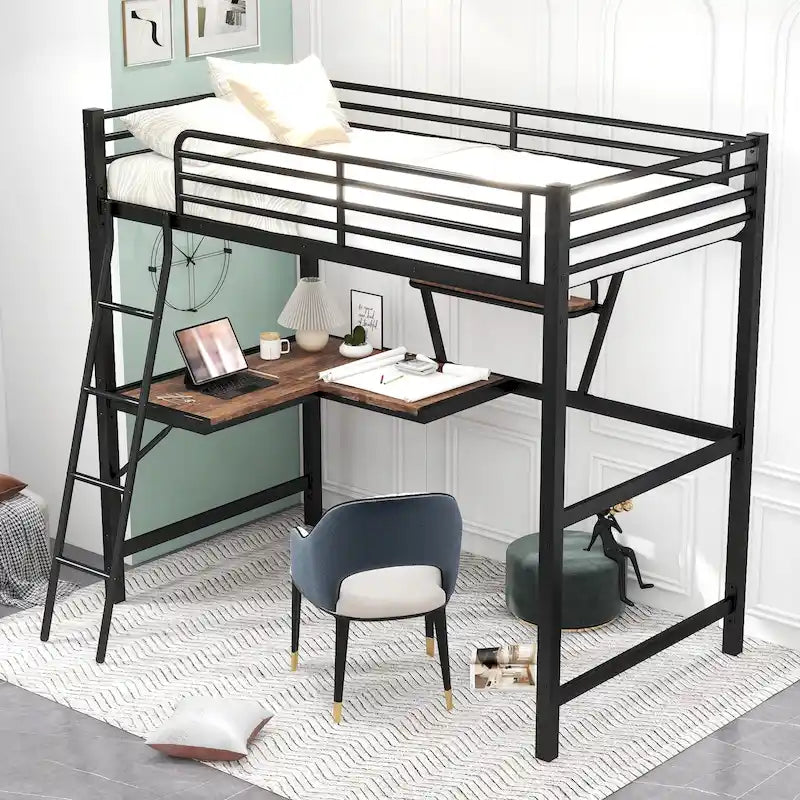 Lit mezzanine métallique simple avec bureau en L et étagère