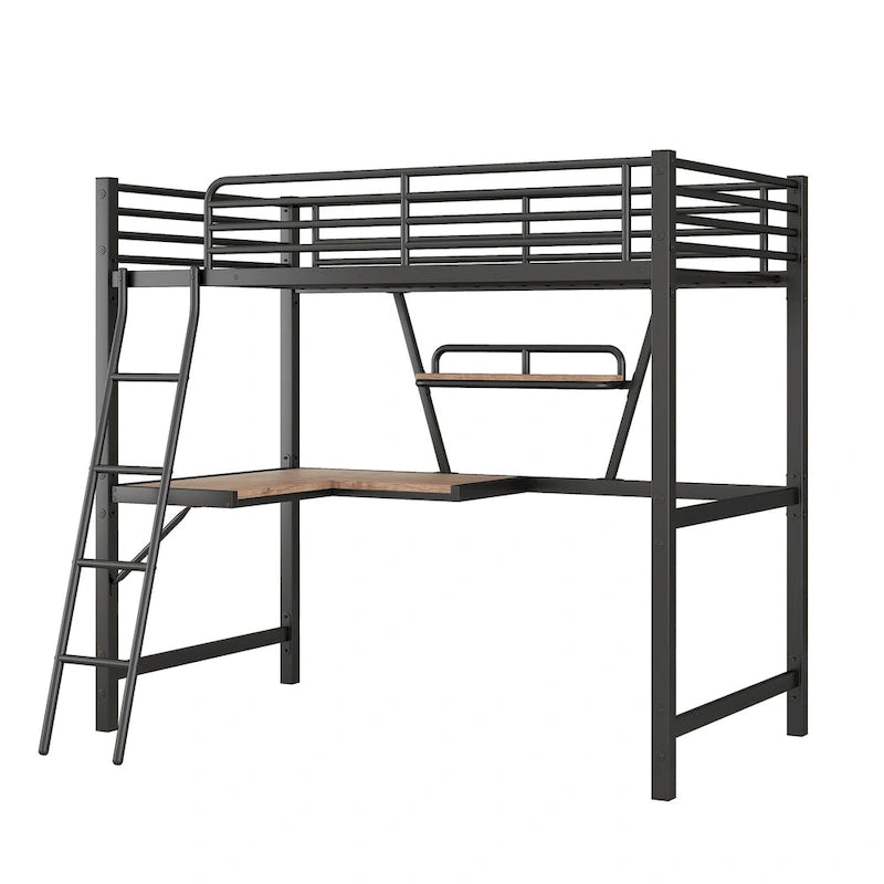 Lit mezzanine métallique simple avec bureau en L et étagère