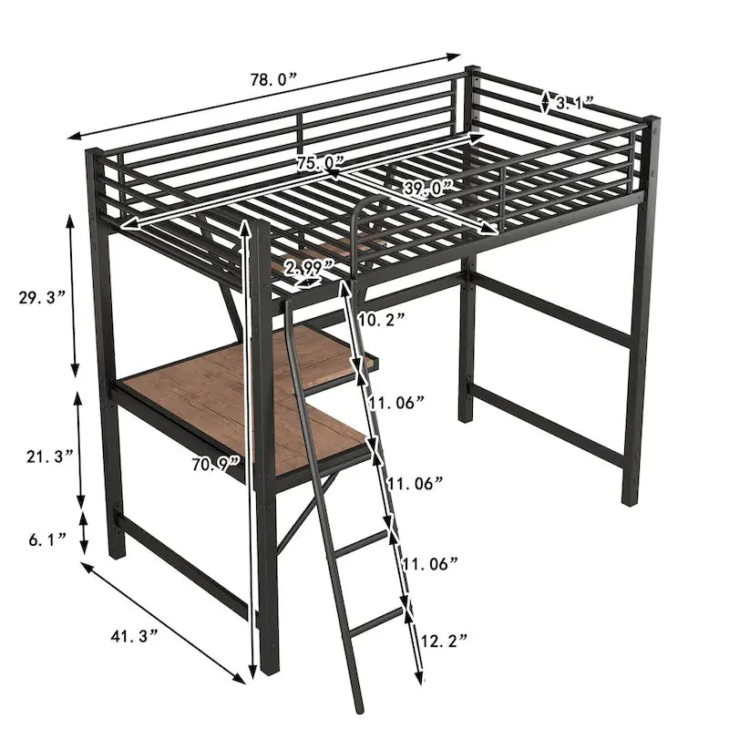 Lit mezzanine métallique simple avec bureau en L et étagère