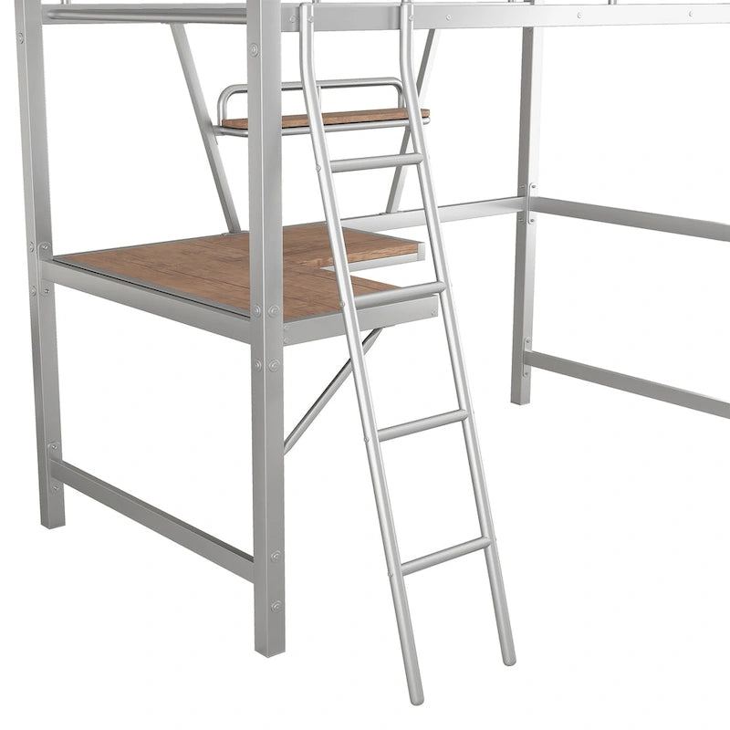Lit mezzanine métallique simple avec bureau en L et étagère