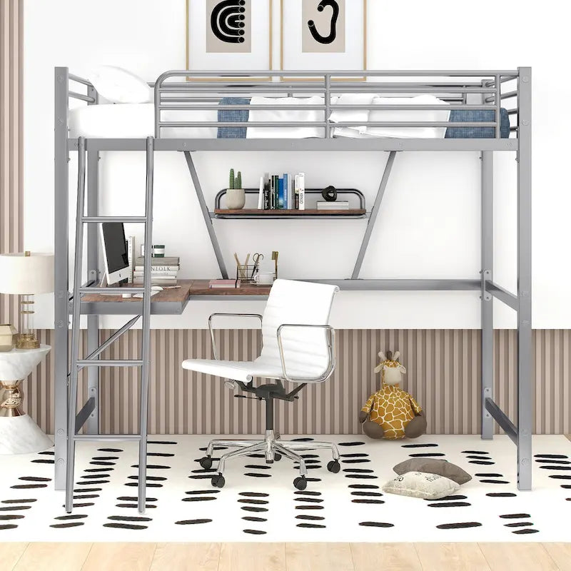 Lit mezzanine métallique simple avec bureau en L et étagère