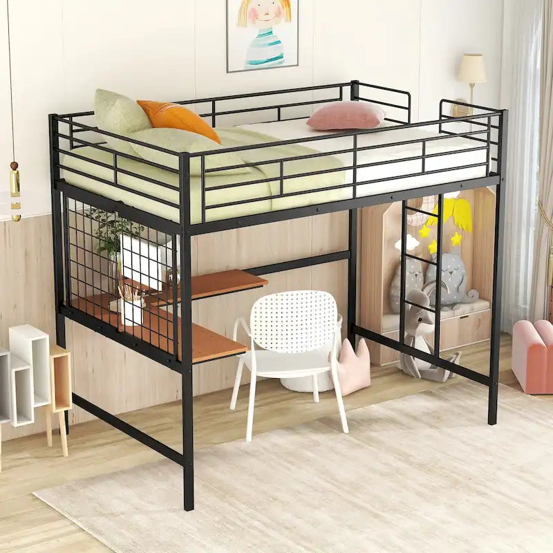 Lit mezzanine en métal avec bureau et grille métallique