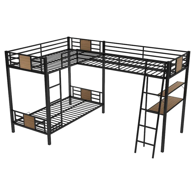 Lit superposé jumeau en L avec lit mezzanine de taille jumeau avec bureau et étagère, marron
