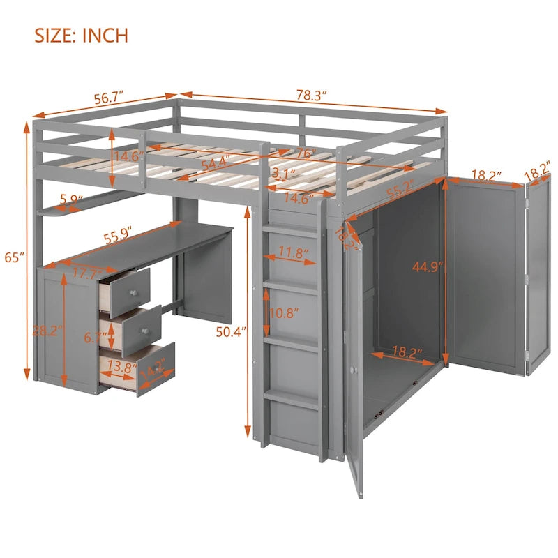 Lit mezzanine pleine grandeur avec tiroirs, bureau et armoire - Gris