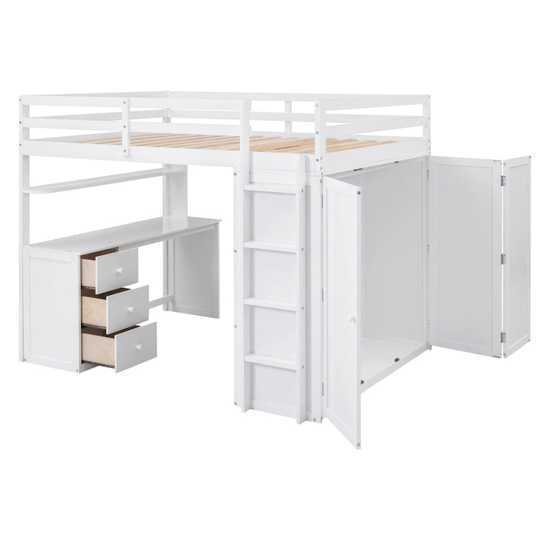 Lit mezzanine pleine grandeur avec tiroirs, bureau et armoire - Gris