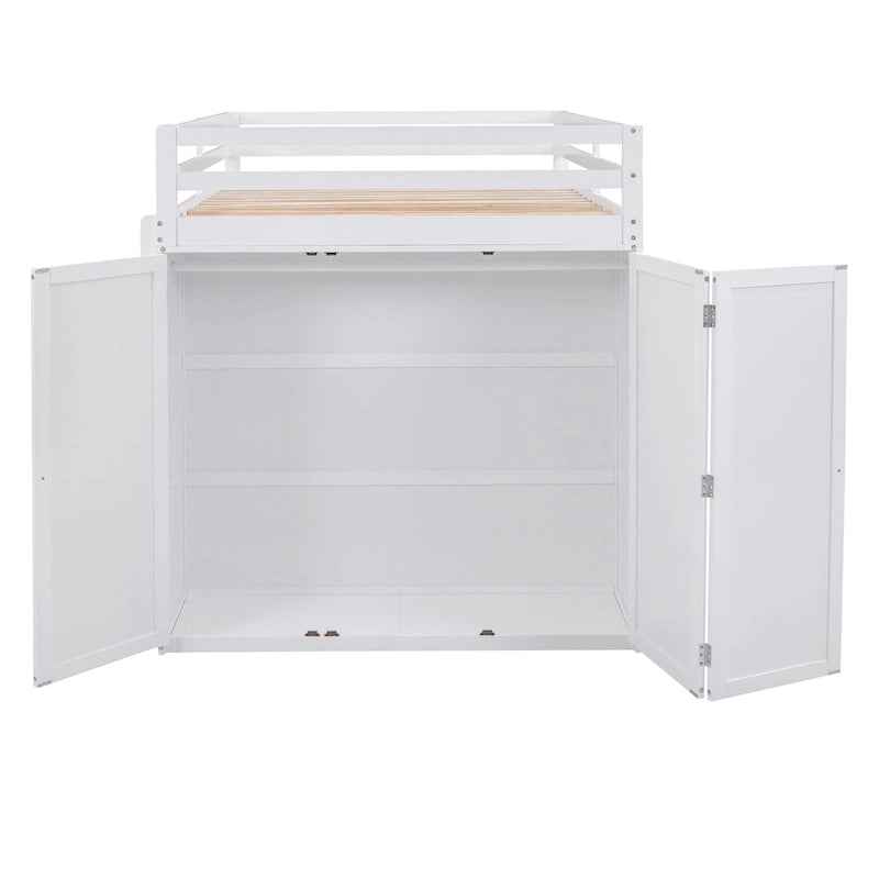 Lit mezzanine pleine grandeur avec tiroirs, bureau et armoire - Gris