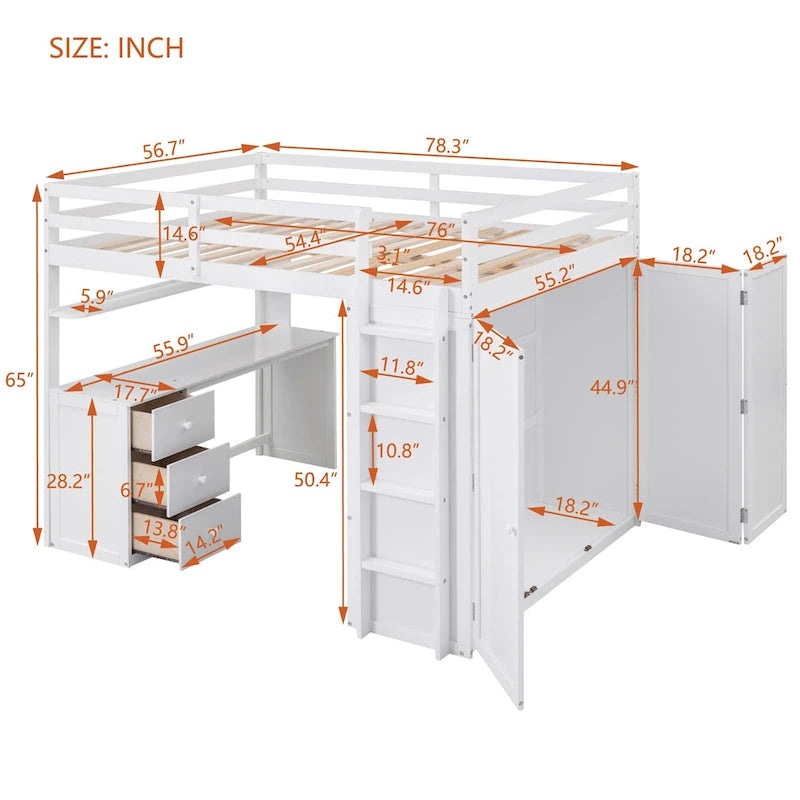 Lit mezzanine pleine grandeur avec tiroirs, bureau et armoire - Gris