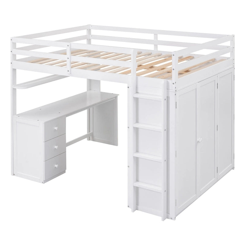 Lit mezzanine pleine grandeur avec tiroirs, bureau et armoire - Gris