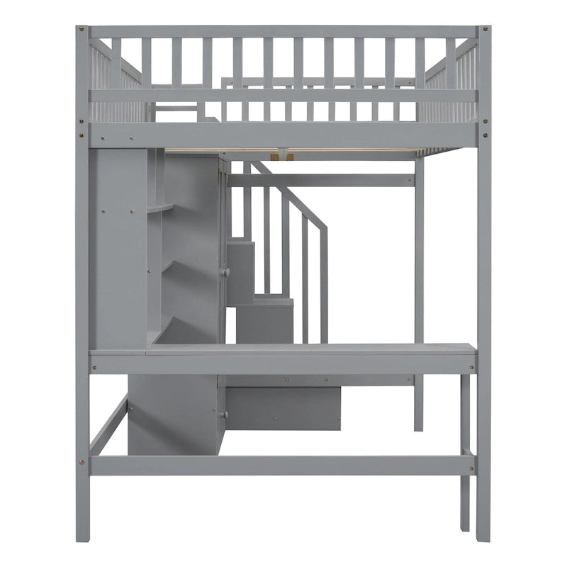 Full size Loft Bed with Bookshelf,Drawers,Desk,and Wardrobe-Espresso