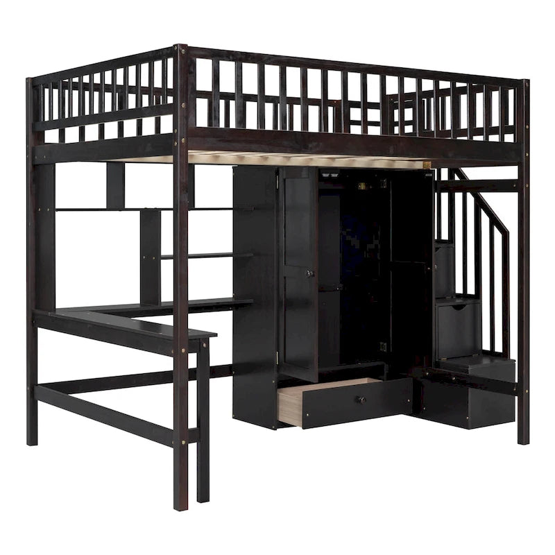 Lit mezzanine pleine grandeur avec étagère, tiroirs, bureau et armoire - Espresso