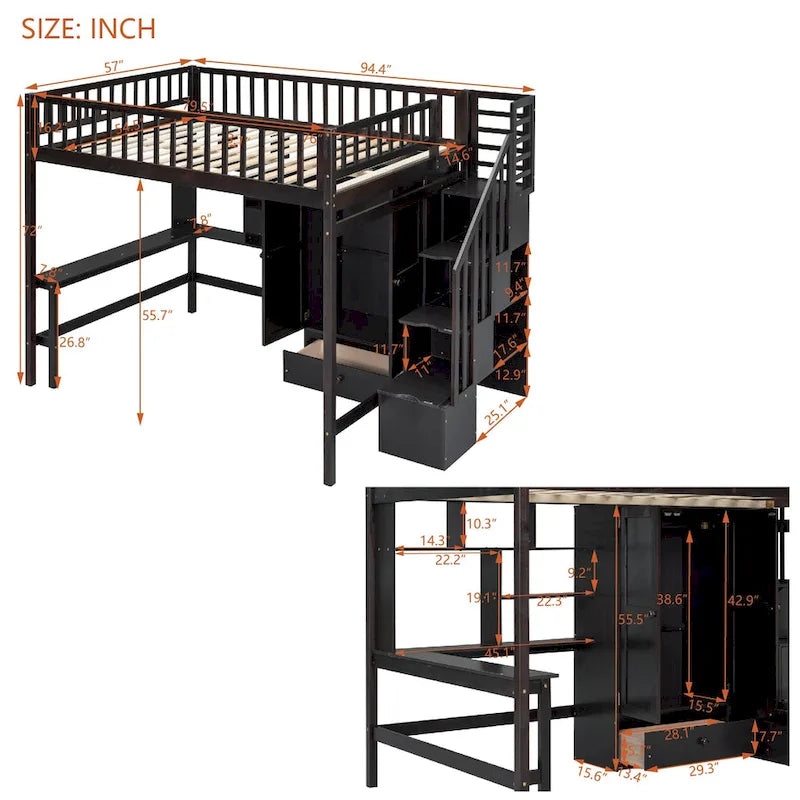 Lit mezzanine pleine grandeur avec étagère, tiroirs, bureau et armoire - Espresso