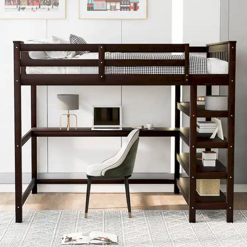 Lit mezzanine pleine taille avec étagères de rangement et bureau sous le lit, Espresso