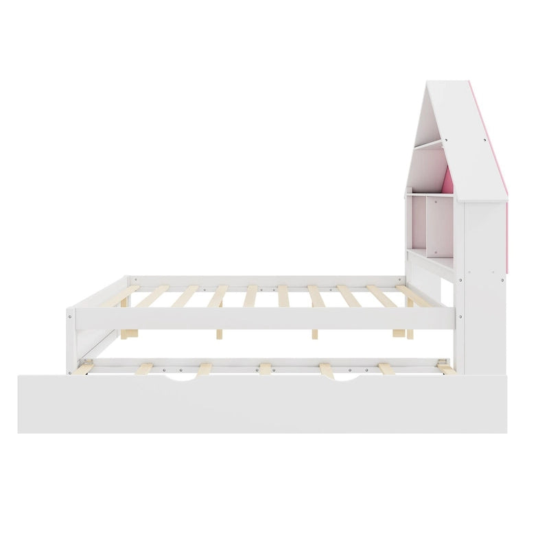 Lit cabane grand format avec tête de lit bibliothèque et lumière LED et lit gigogne double pour enfants garçons et filles, rose + blanc