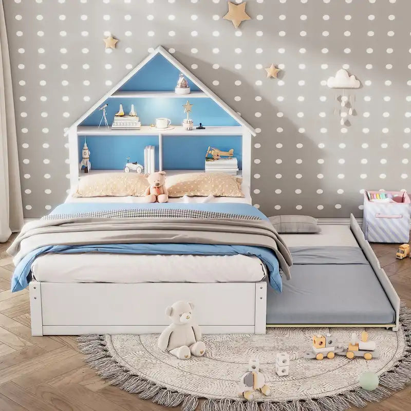 Lit cabane grand format avec tête de lit bibliothèque et lumière LED et lit gigogne double pour enfants garçons et filles, rose + blanc