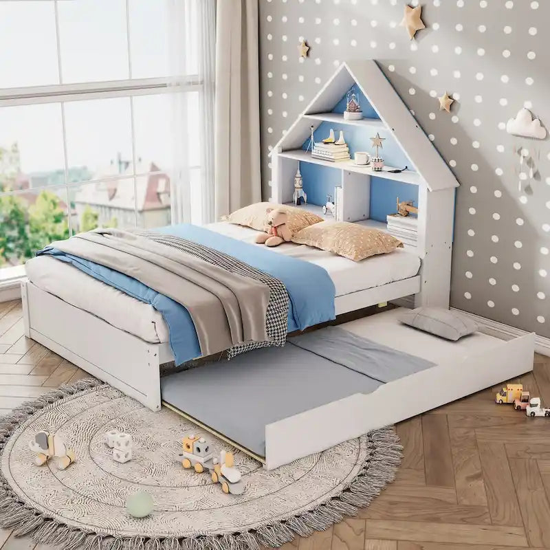 Lit cabane grand format avec tête de lit bibliothèque et lumière LED et lit gigogne double pour enfants garçons et filles, rose + blanc