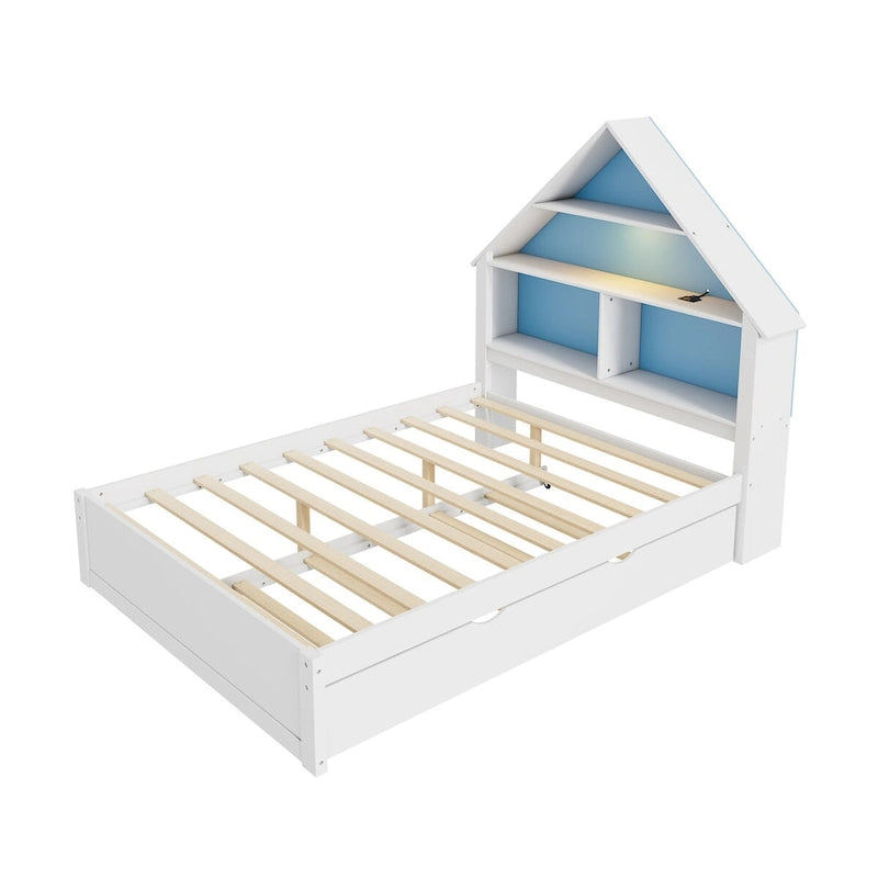 Lit cabane grand format avec tête de lit bibliothèque et lumière LED et lit gigogne double pour enfants garçons et filles, rose + blanc