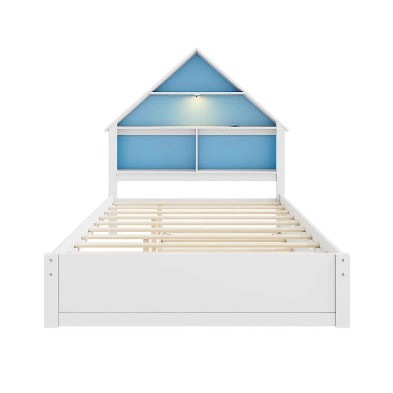 Lit cabane grand format avec tête de lit bibliothèque et lumière LED et lit gigogne double pour enfants garçons et filles, rose + blanc