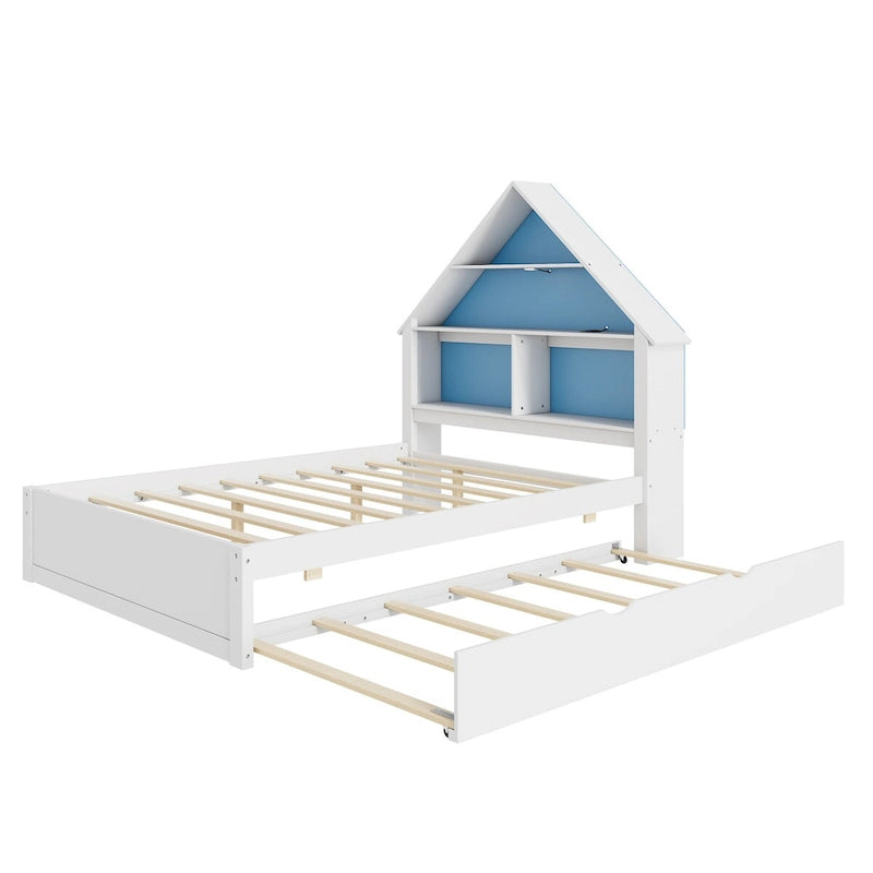 Lit cabane grand format avec tête de lit bibliothèque et lumière LED et lit gigogne double pour enfants garçons et filles, rose + blanc