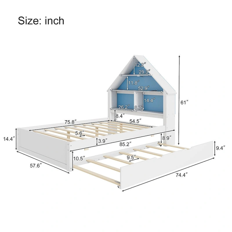 Lit cabane grand format avec tête de lit bibliothèque et lumière LED et lit gigogne double pour enfants garçons et filles, rose + blanc