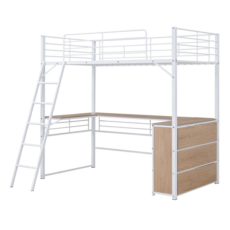 Lit mezzanine en métal blanc avec bureau en L et 3 étagères, échelle réversible