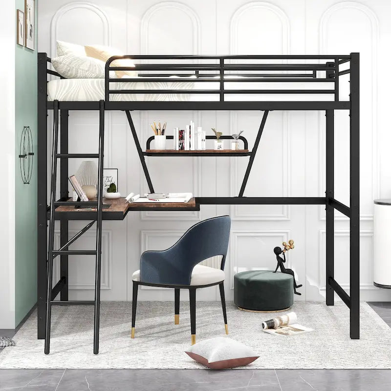 Lit mezzanine en métal avec bureau intégré, étagère et garde-corps pleine longueur
