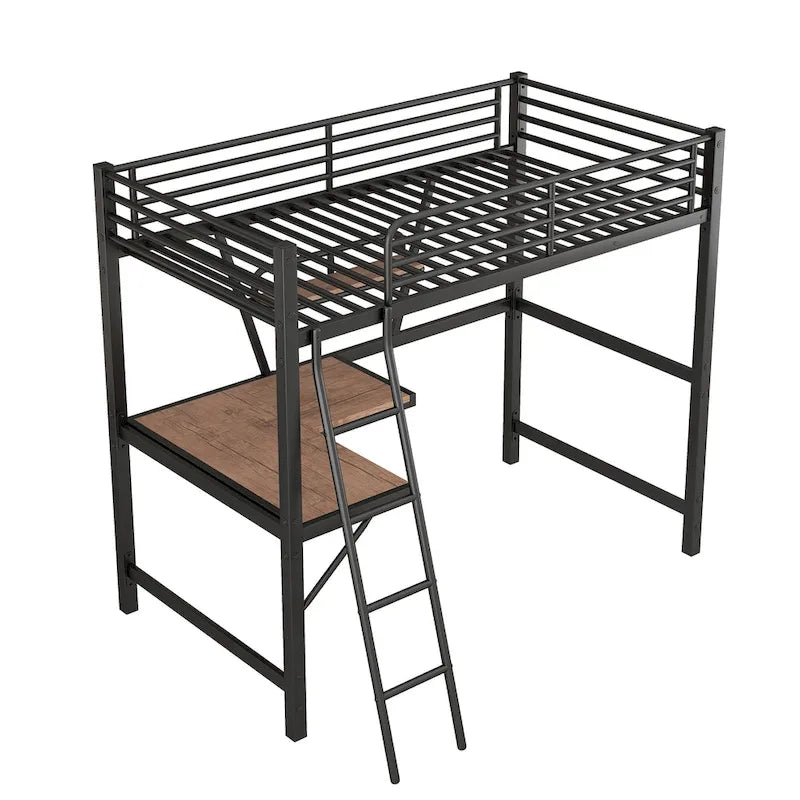 Lit mezzanine en métal avec bureau intégré, étagère et garde-corps pleine longueur