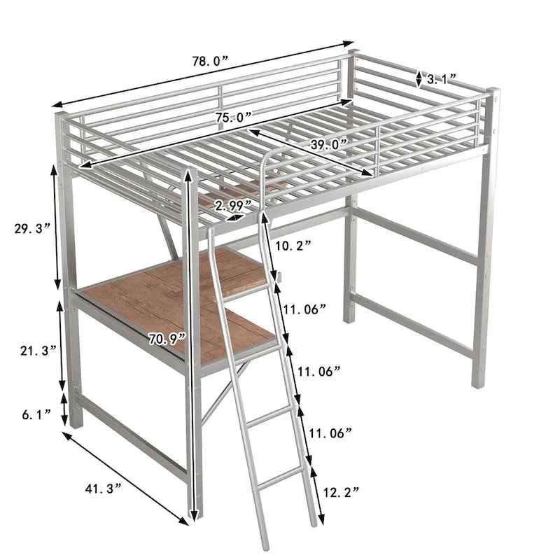 Lit mezzanine en métal avec bureau intégré, étagère et garde-corps pleine longueur