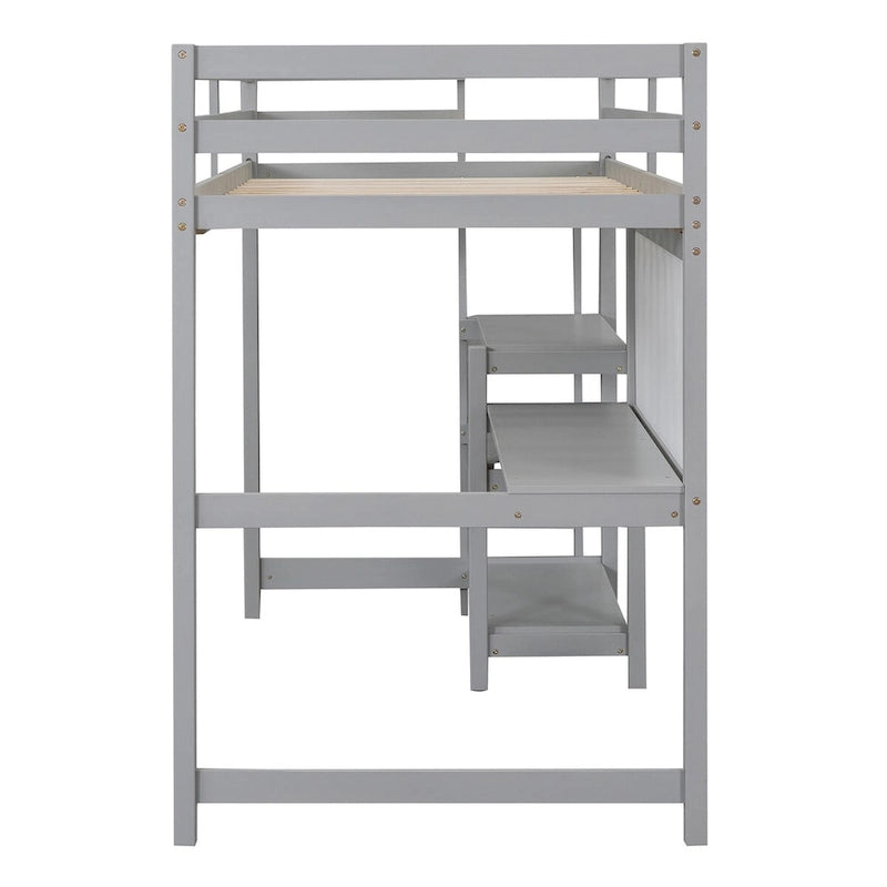 Lit mezzanine en bois, taille double, avec étagères à 3 niveaux, bureau et tableau d'écriture, garde-corps pleine longueur